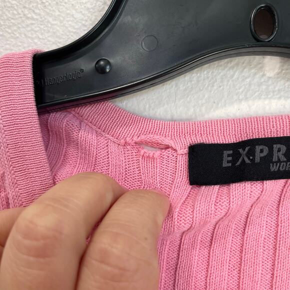 Vintage 90s Y2K Express Ribbed Long Sleeve Pink Cardigan Sweater Sz L - Picture 4 of 8